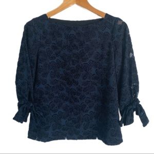 Banana Republic SZ XSP Floral Jacquard Navy Long Sleeve Bow Cuffed Blouse | NWOT